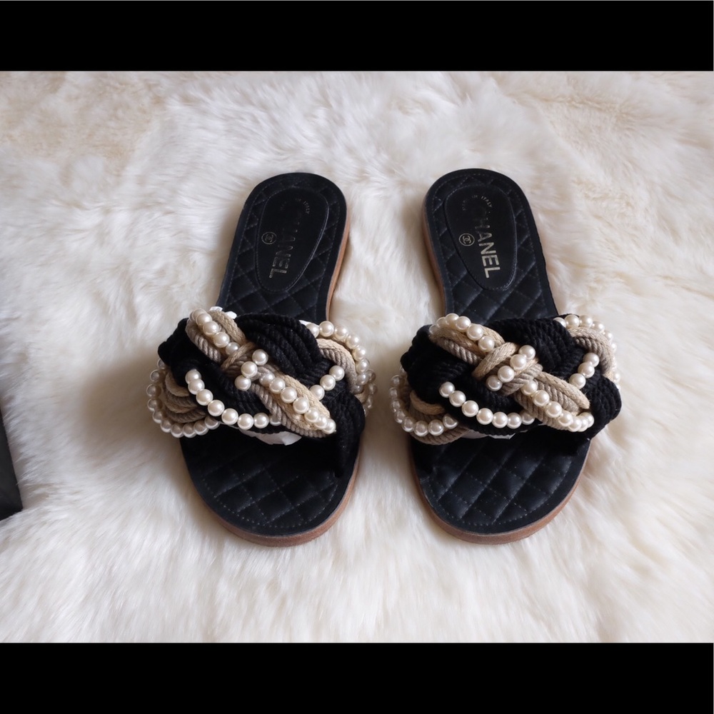 Chanel Black Cruise Pearl Cord CC Mules 38/7-7.5
